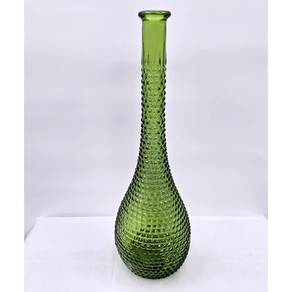 Vintage Mid Century Green Glass Genie Bottle Decanter Hobnail 15.5